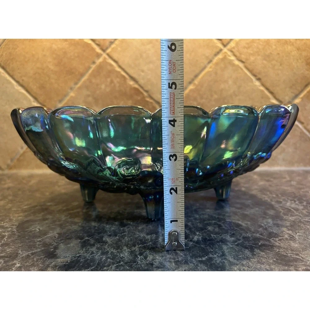 VTG Indiana Iridescent Carnival Glass BLUE Harvest Grape Footed Fruit Bowl
